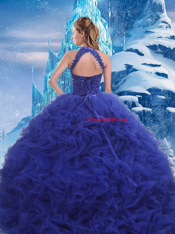 Deluxe Sleeveless Beading and Ruffles Lace Up 15th Birthday Dress with Blue Brush Train