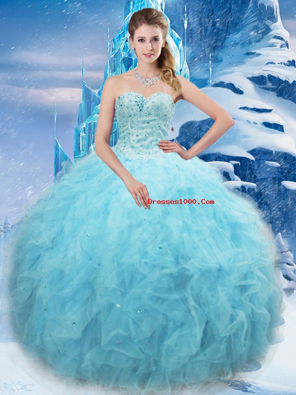 Chic Aqua Blue Ball Gowns Tulle Sweetheart Sleeveless Beading and Pick Ups Floor Length Lace Up Sweet 16 Dress