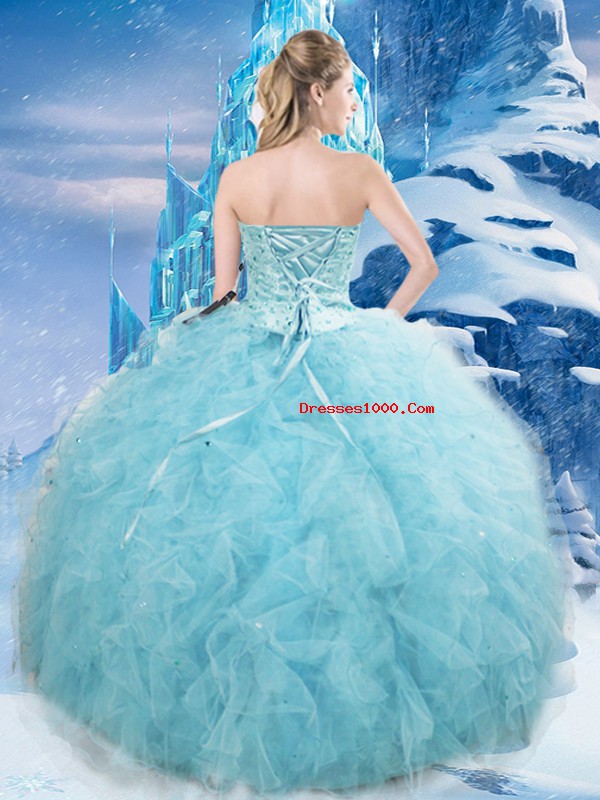 Chic Aqua Blue Ball Gowns Tulle Sweetheart Sleeveless Beading and Pick Ups Floor Length Lace Up Sweet 16 Dress