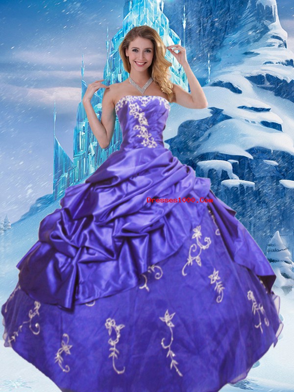 Affordable Taffeta Strapless Sleeveless Zipper Appliques and Pick Ups Quinceanera Dress in Purple