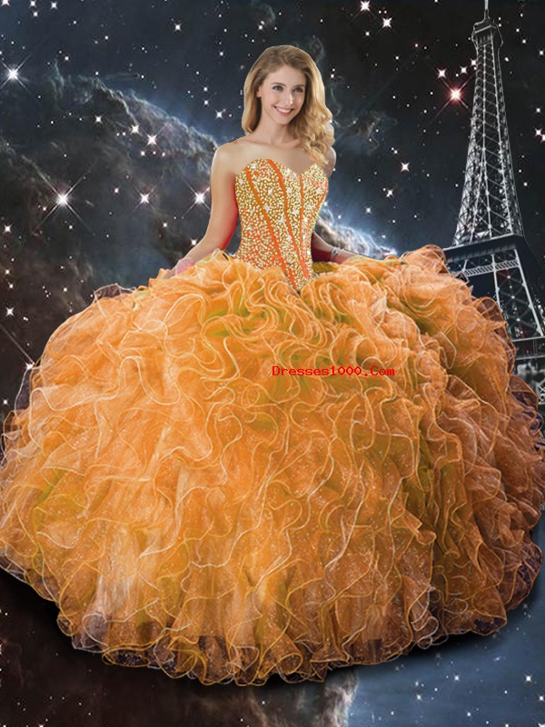 Trendy Orange Sleeveless Beading and Ruffles Floor Length Sweet 16 Quinceanera Dress