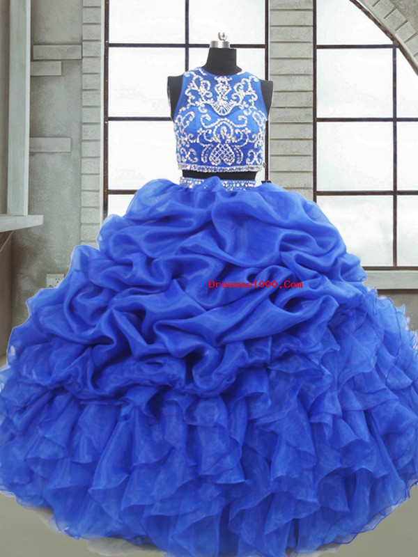 Floor Length Royal Blue 15 Quinceanera Dress Organza Sleeveless Beading and Ruffles and Pick Ups