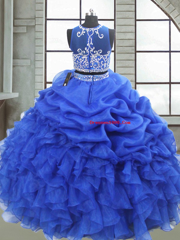 Floor Length Royal Blue 15 Quinceanera Dress Organza Sleeveless Beading and Ruffles and Pick Ups