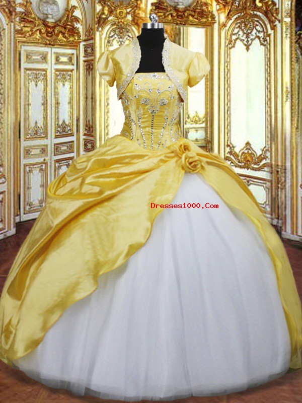 Designer Gold Sleeveless Floor Length Beading and Hand Made Flower Lace Up 15 Quinceanera Dress