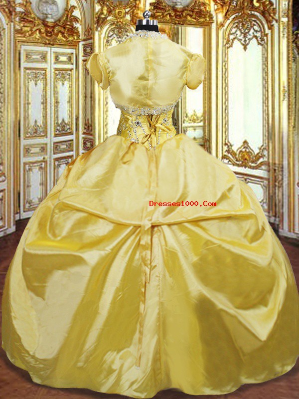 Designer Gold Sleeveless Floor Length Beading and Hand Made Flower Lace Up 15 Quinceanera Dress