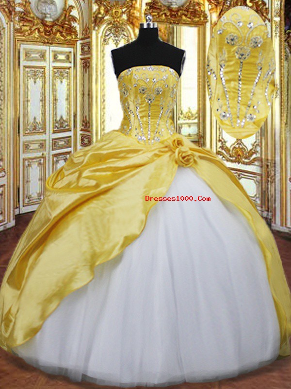 Designer Gold Sleeveless Floor Length Beading and Hand Made Flower Lace Up 15 Quinceanera Dress