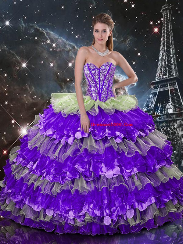 Fantastic Beading and Ruffles and Ruffled Layers Quinceanera Gown Multi-color Lace Up Sleeveless Floor Length