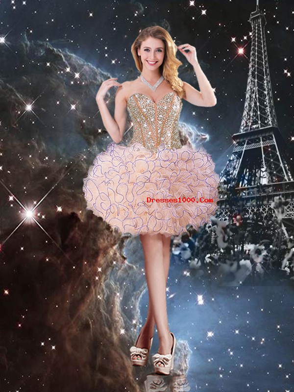 Peach Ball Gowns Organza Sweetheart Sleeveless Beading and Ruffles Floor Length Lace Up Sweet 16 Dresses