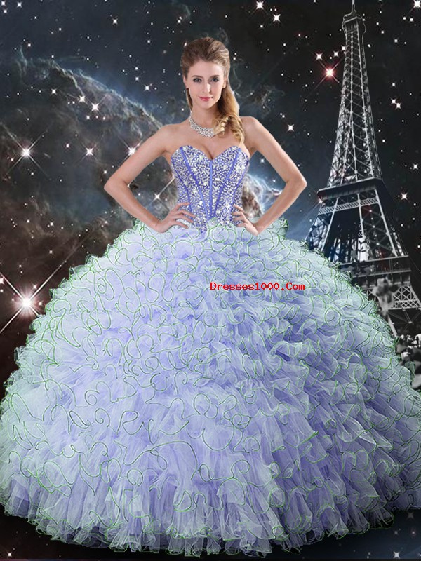 Lavender Quinceanera Dresses Military Ball and Sweet 16 and Quinceanera with Beading and Ruffles Sweetheart Sleeveless Lace Up