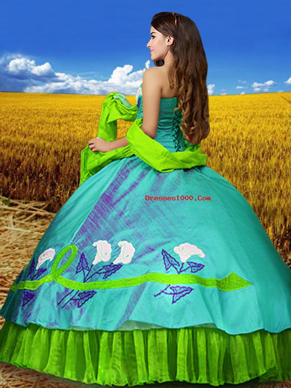 Sleeveless Floor Length Embroidery Lace Up Quince Ball Gowns with Multi-color