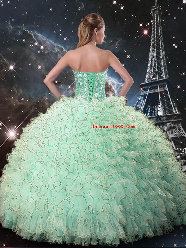 Floor Length Apple Green Quinceanera Gown Organza Sleeveless Beading and Ruffles