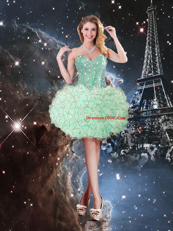 Floor Length Apple Green Quinceanera Gown Organza Sleeveless Beading and Ruffles