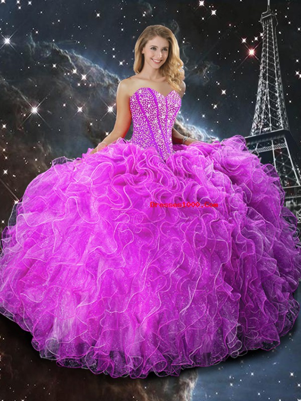 Fuchsia Sleeveless Beading and Ruffles Floor Length Quinceanera Dress