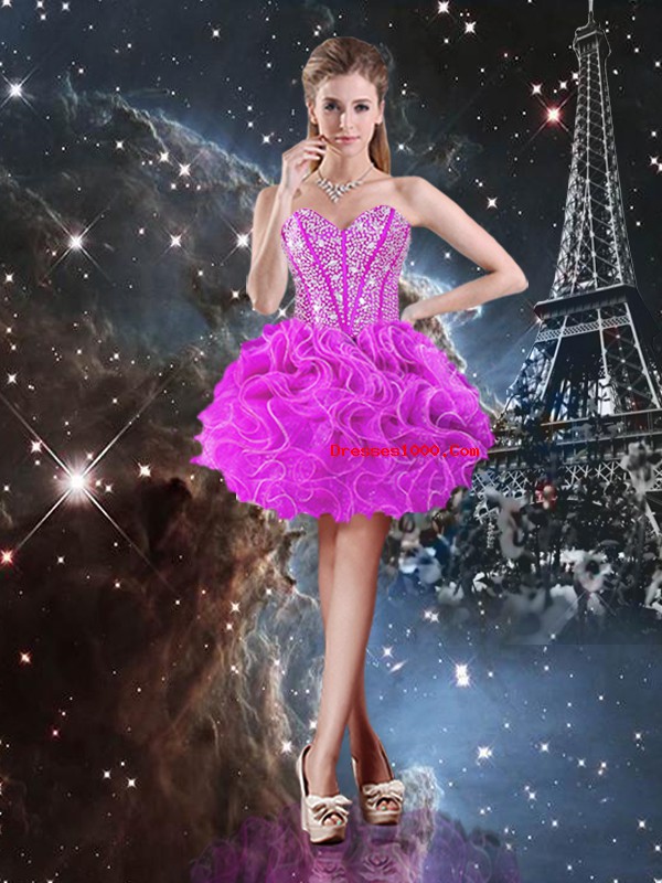Fuchsia Sleeveless Beading and Ruffles Floor Length Quinceanera Dress