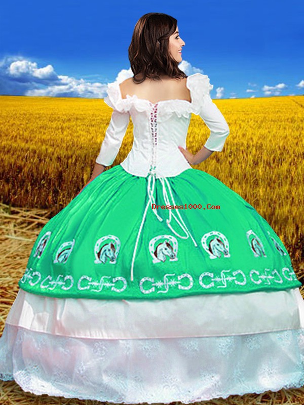 Modern 3 4 Length Sleeve Taffeta Floor Length Lace Up Quince Ball Gowns in Turquoise with Embroidery