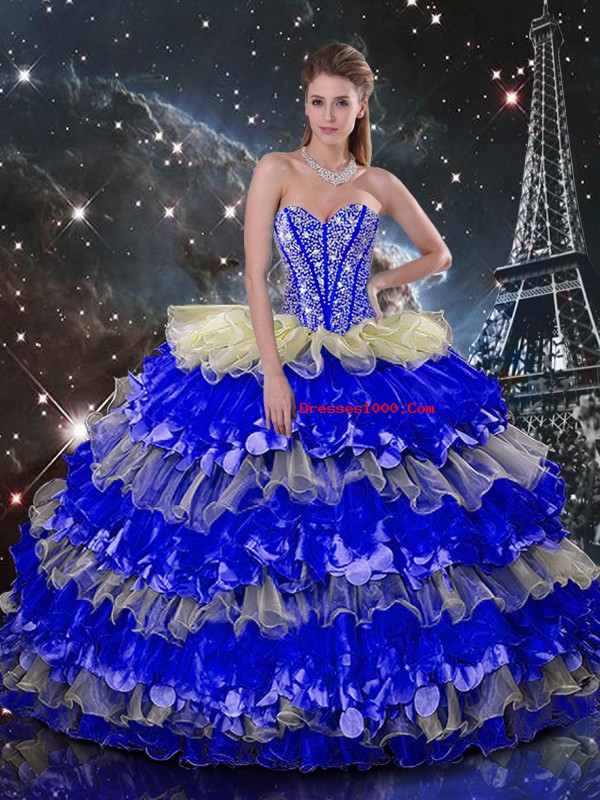 Beading and Ruffles and Ruffled Layers Quinceanera Dress Multi-color Lace Up Sleeveless Floor Length
