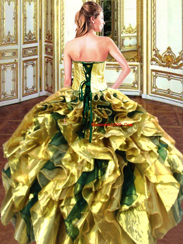 Dynamic Gold Sleeveless Organza Lace Up Quince Ball Gowns for Military Ball and Sweet 16 and Quinceanera