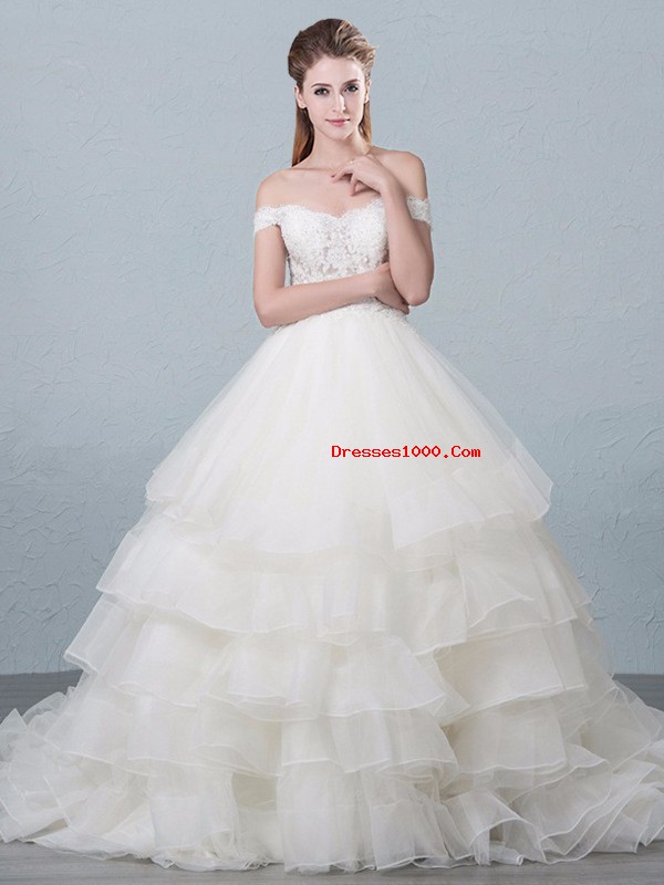 Elegant White Ball Gowns Organza Off The Shoulder Sleeveless Lace and Ruffled Layers Lace Up Bridal Gown Brush Train