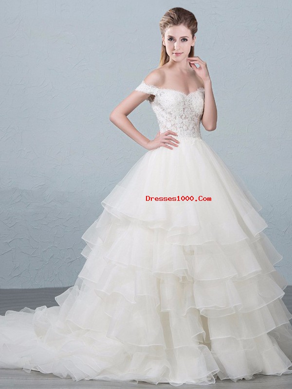 Elegant White Ball Gowns Organza Off The Shoulder Sleeveless Lace and Ruffled Layers Lace Up Bridal Gown Brush Train