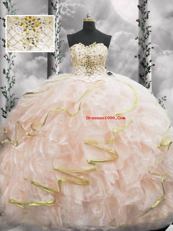Beautiful Peach Lace Up Sweetheart Beading and Ruffles Vestidos de Quinceanera Organza Sleeveless Brush Train