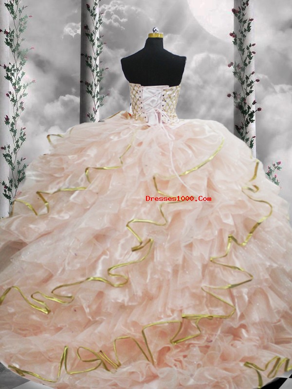 Beautiful Peach Lace Up Sweetheart Beading and Ruffles Vestidos de Quinceanera Organza Sleeveless Brush Train