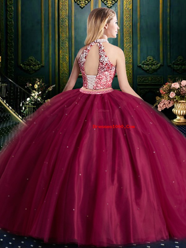 Custom Made Halter Top High-neck Sleeveless Tulle Quince Ball Gowns Beading and Lace and Appliques Lace Up