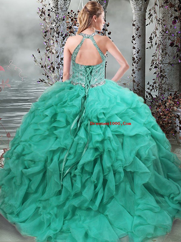 Scoop Sleeveless Quinceanera Gown Brush Train Beading and Ruffles Turquoise Organza