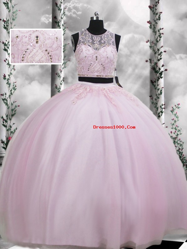 Spectacular Floor Length Baby Pink Quinceanera Gown Scoop Sleeveless Zipper