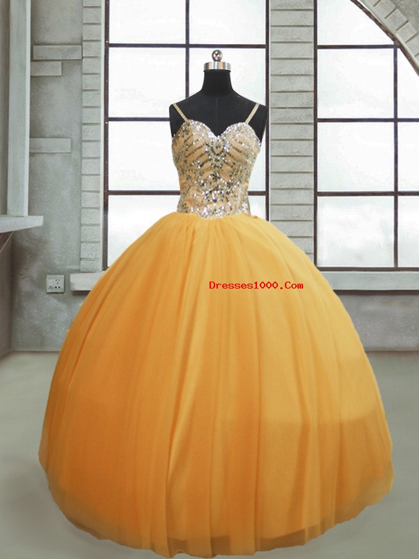 Custom Made Beading 15th Birthday Dress Gold Lace Up Sleeveless Floor Length