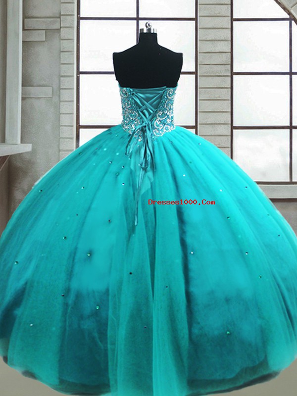 Extravagant Ball Gowns Ball Gown Prom Dress Aqua Blue Sweetheart Tulle Sleeveless Floor Length Lace Up