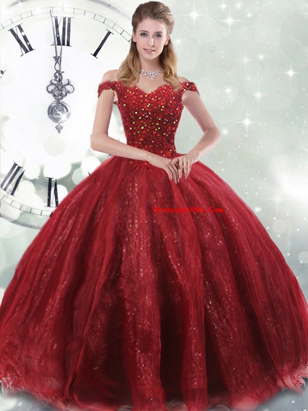 Eye-catching Wine Red Off The Shoulder Neckline Beading Ball Gown Prom Dress Sleeveless Lace Up