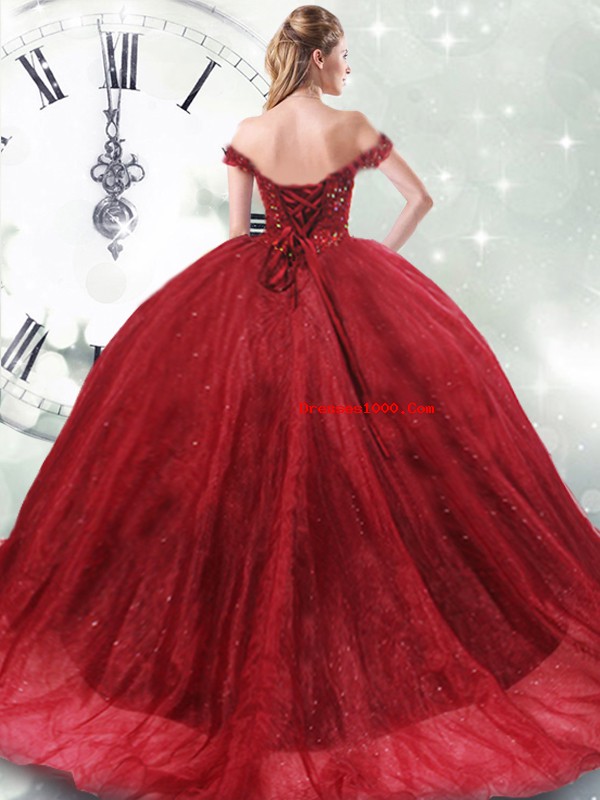 Eye-catching Wine Red Off The Shoulder Neckline Beading Ball Gown Prom Dress Sleeveless Lace Up