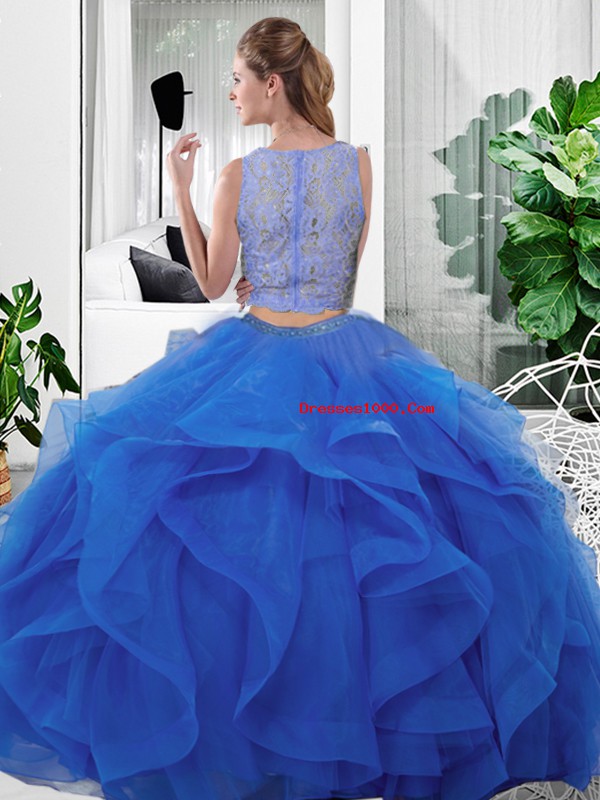 Deluxe Scoop Sleeveless Sweet 16 Dress Floor Length Lace and Ruffles Fuchsia Tulle