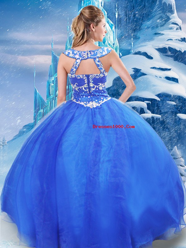 Ball Gowns Ball Gown Prom Dress Blue V-neck Organza Sleeveless Floor Length Zipper