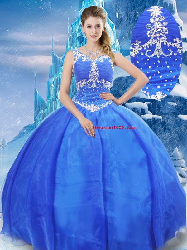 Ball Gowns Ball Gown Prom Dress Blue V-neck Organza Sleeveless Floor Length Zipper