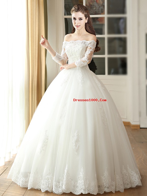 White Lace Up Off The Shoulder Lace and Appliques Wedding Dress Tulle 3 4 Length Sleeve