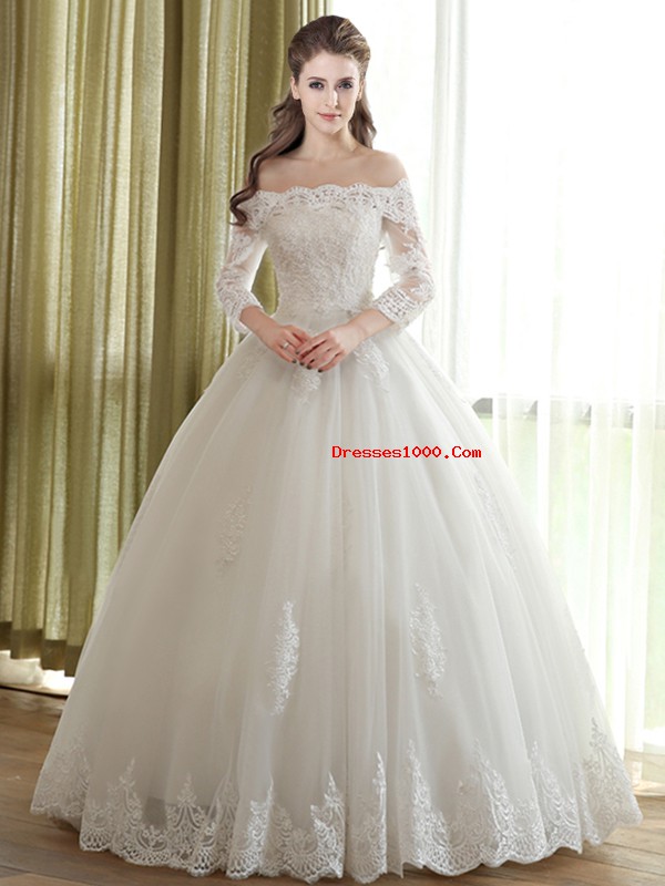 White Lace Up Off The Shoulder Lace and Appliques Wedding Dress Tulle 3 4 Length Sleeve