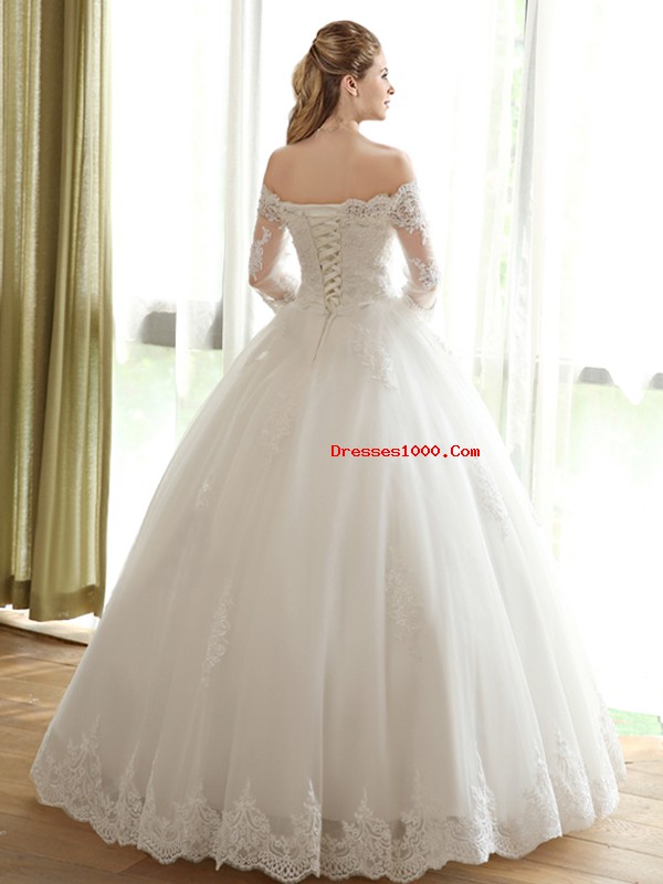 White Lace Up Off The Shoulder Lace and Appliques Wedding Dress Tulle 3 4 Length Sleeve