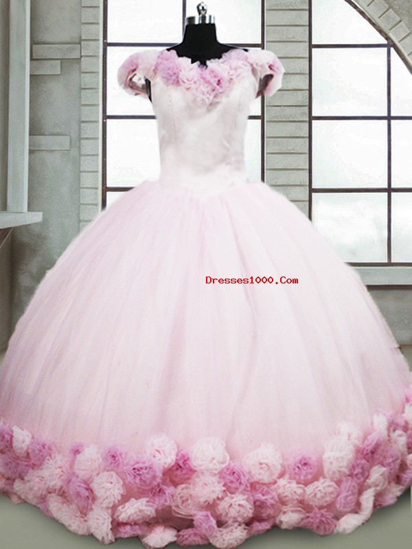 Excellent Pink Off The Shoulder Neckline Hand Made Flower Sweet 16 Dress Sleeveless Lace Up