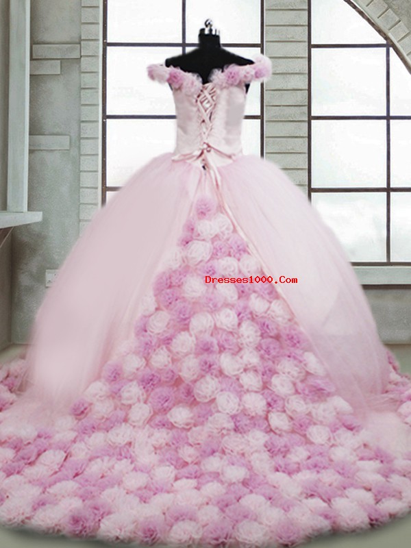 Excellent Pink Off The Shoulder Neckline Hand Made Flower Sweet 16 Dress Sleeveless Lace Up