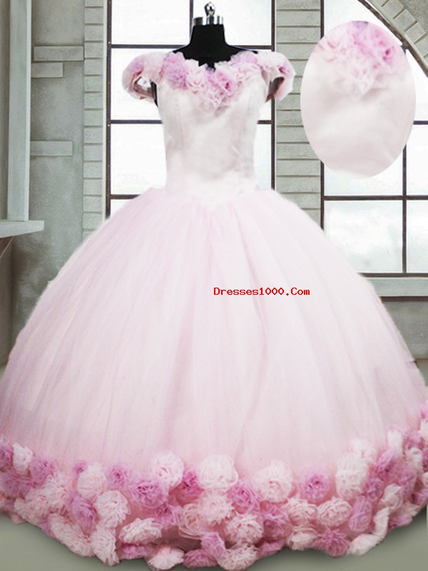 Excellent Pink Off The Shoulder Neckline Hand Made Flower Sweet 16 Dress Sleeveless Lace Up