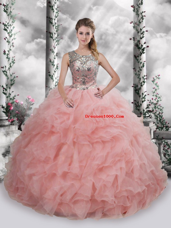 Sleeveless Lace Up Floor Length Beading and Ruffles Ball Gown Prom Dress