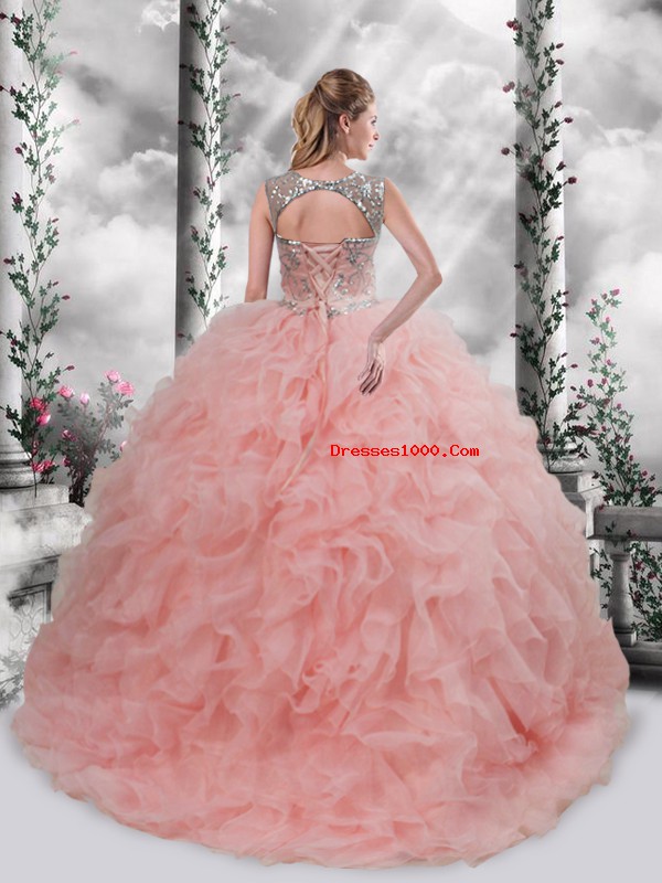 Sleeveless Lace Up Floor Length Beading and Ruffles Ball Gown Prom Dress