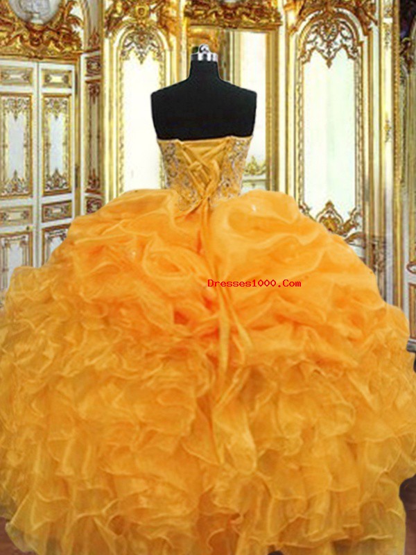 Unique Floor Length Lace Up Quinceanera Dress Orange for Military Ball and Sweet 16 and Quinceanera with Beading and Ruffles