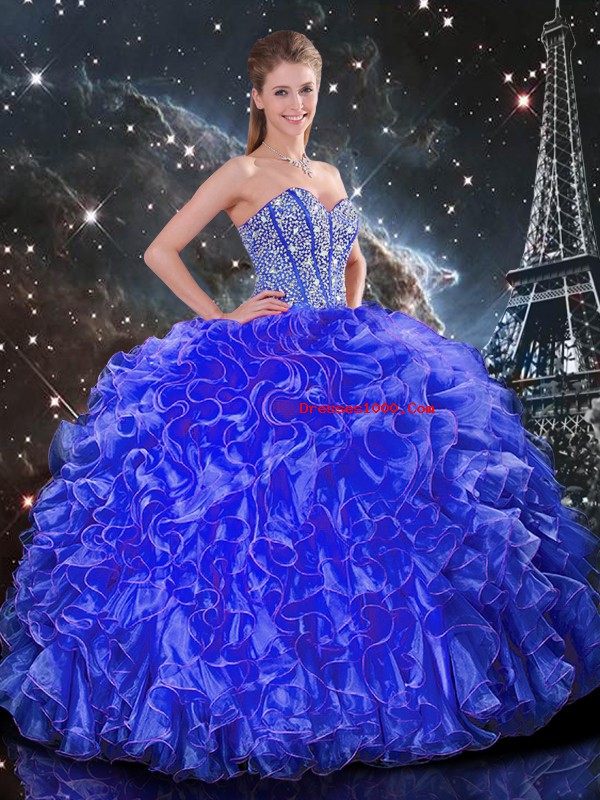 Blue Lace Up Vestidos de Quinceanera Beading and Ruffles Sleeveless Floor Length
