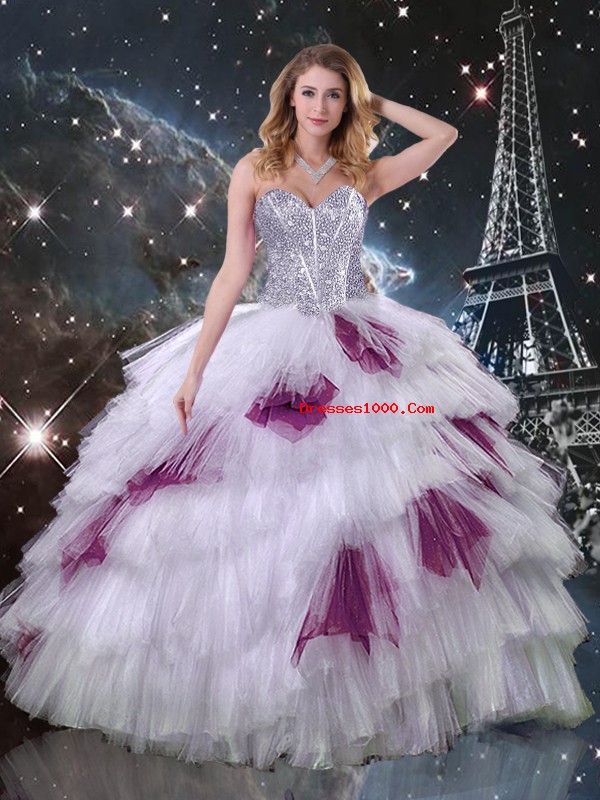 Custom Designed Multi-color Zipper Quince Ball Gowns Beading and Ruffled Layers and Sequins Sleeveless Floor Length