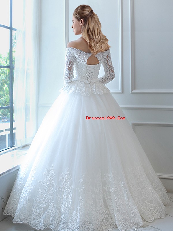 Suitable White Ball Gowns Off The Shoulder Sleeveless Tulle Floor Length Lace Up Lace and Appliques Wedding Gown