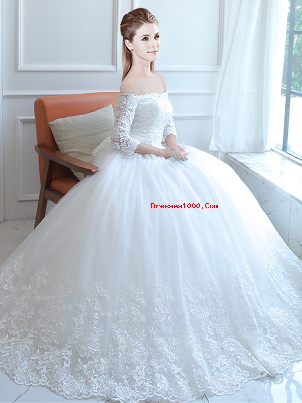Suitable White Ball Gowns Off The Shoulder Sleeveless Tulle Floor Length Lace Up Lace and Appliques Wedding Gown