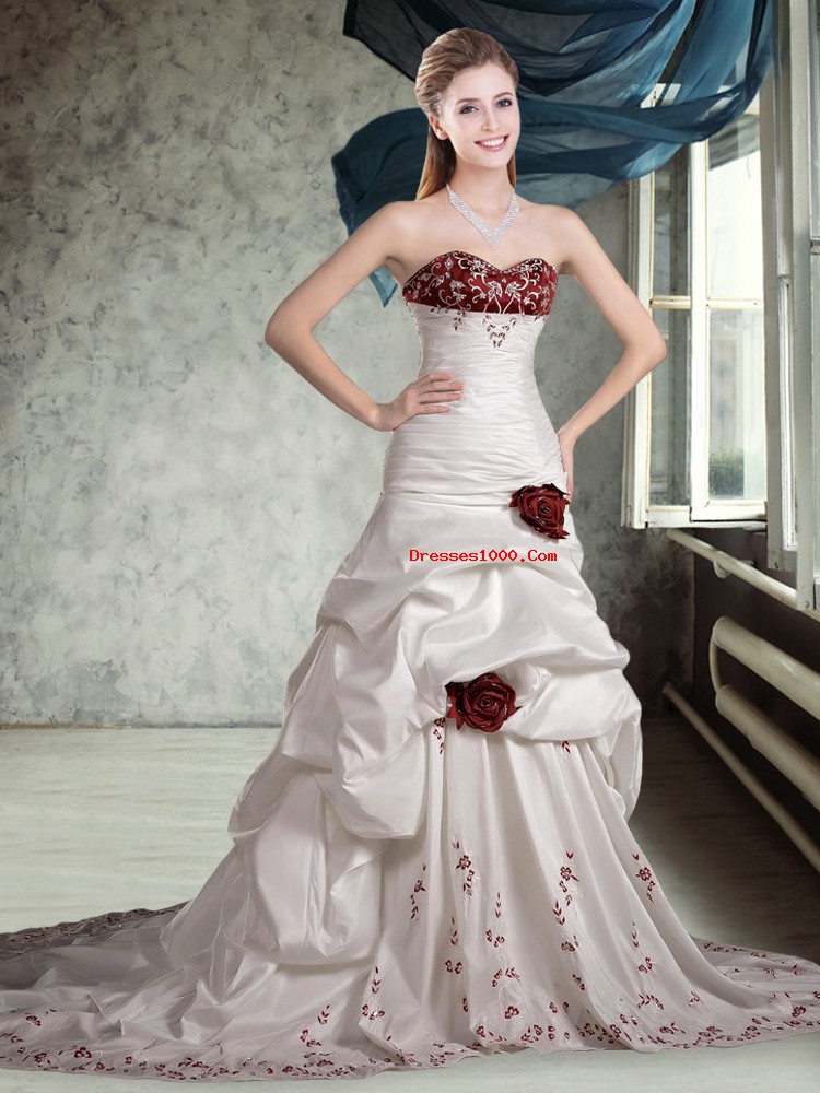 Sweetheart Sleeveless Bridal Gown Brush Train Appliques and Pick Ups and Hand Made Flower White And Red Taffeta