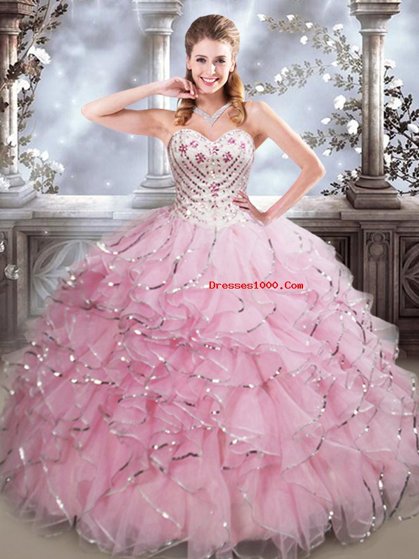 Charming Organza Sleeveless Floor Length 15th Birthday Dress and Beading and Ruffles